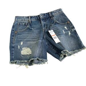 Frayed Mid Rise Midi Distressed Denim Shorts with Frayed Hem NWT 26